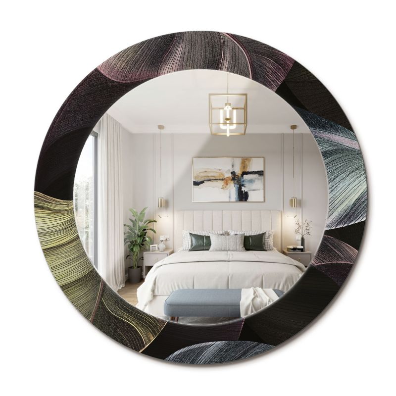 Lustro Dekoracyjne Okrągłe ArtPrintCave 60 cm Ciemne Tropikalne Liście z Drukowaną Ramką do Przedpokoju 1 szt.