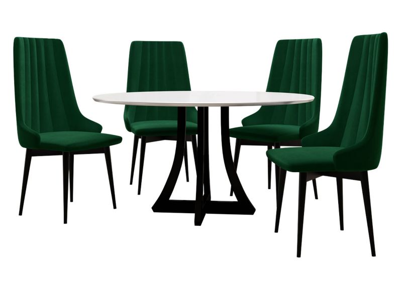 Zestaw 03 MIRJAN 24 Stół Orion 100 + 4 krzesła tapicerowane S93 biały połysk + czarny połysk + czarny + butelkowa zieleń 1 kpl.