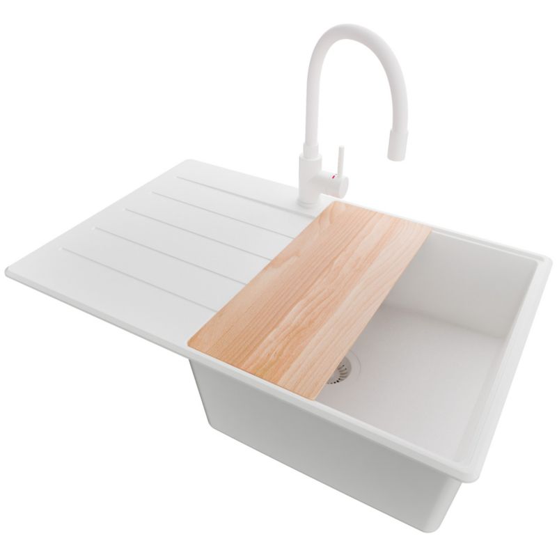 Zlewozmywak Granitowy Kopenhaga PRIMAGRAN Nablatowy 78x50cm do szafki od 50cm, Cały Biały + Bateria + Syfon + Deska, S556, 1 szt.