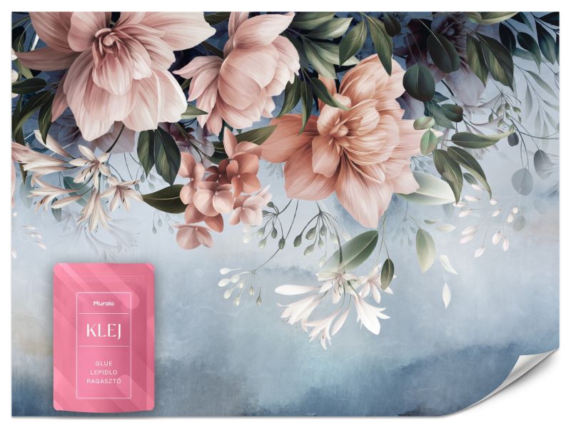 Fototapeta Muralo Różowe Kwiaty na Niebieskim Tle 450x315 cm 1szt.