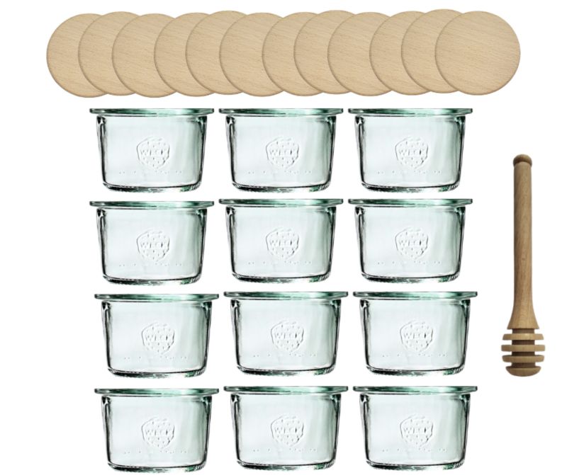 Słoiki MODO24 Weck 80 ml fi 60 mold z drewnianymi wiekami i nabierakami 12 kpl.
