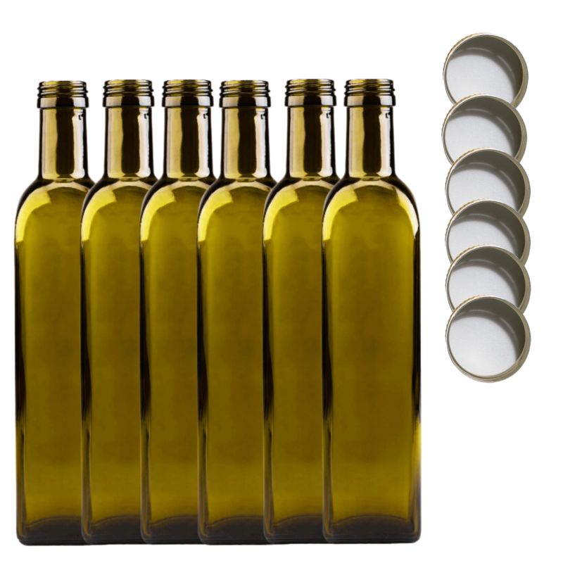 Butelki szklane MODO24 500 ml maraska kwadratowa zielona na olej i oliwę fi 31 z nakrętkami 6 szt.