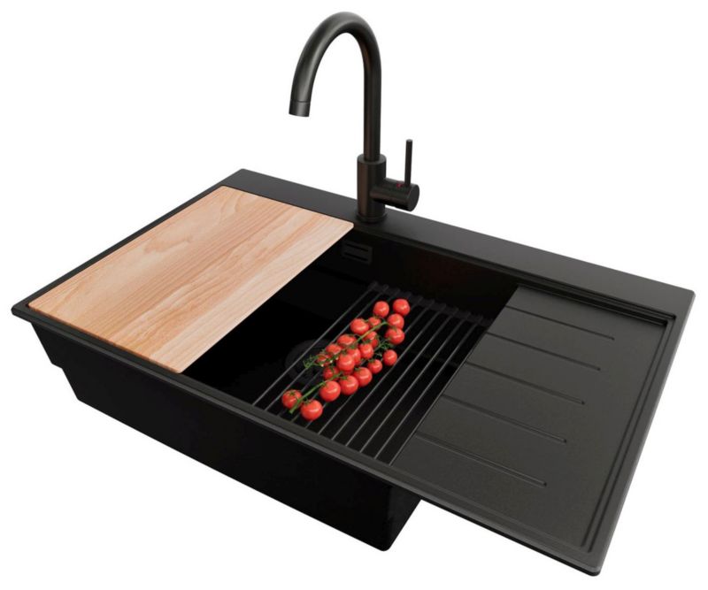 Zlewozmywak Granitowy Sydney PRIMAGRAN Nablatowy 78x50cm do szafki od 60cm, Cały Czarny + Bateria + Syfon + Akcesoria, , 1 szt.