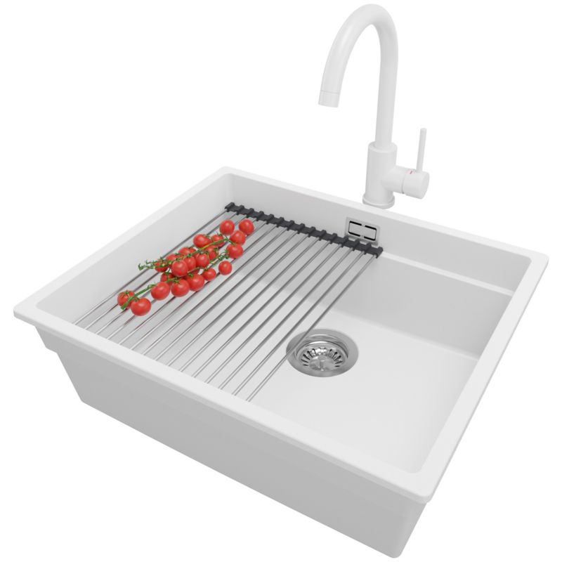 Zlewozmywak podblatowy Praga PRIMAGRAN 56x47cm do szafki od 60cm, Biały + Bateria + Syfon + Zwijany ociekacz, S286, 1 szt.