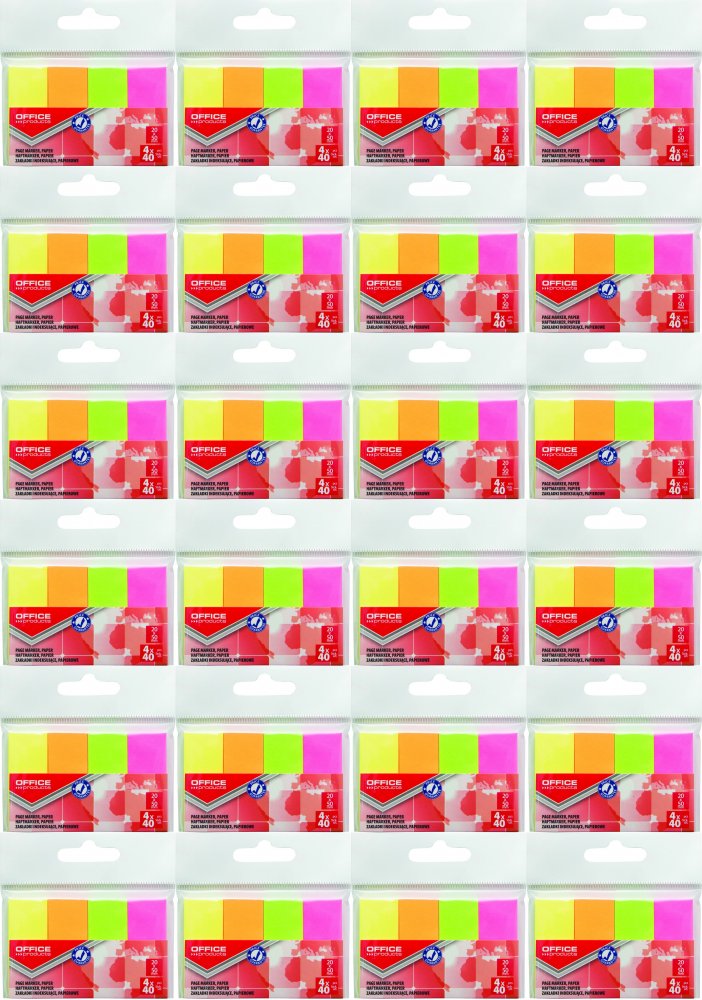 24x Zakładki samoprzylepne Office Products, proste, indeksujące , papier, 20x50mm, 4x40 sztuk, mix kolorów neonowych