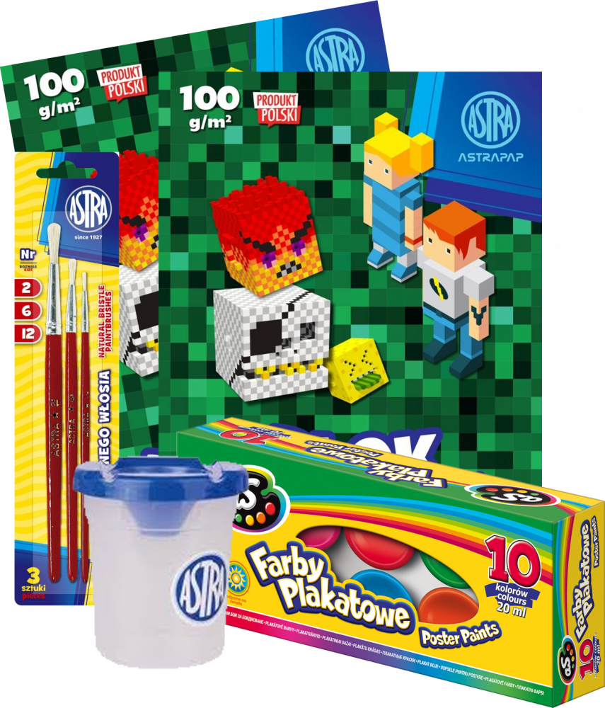 Zestaw: Kubek do wody, z blokadą wylania + Zestaw pędzli Astra 3 sztuki + 2x Blok rysunkowy Astra + Farby plakatowe Astra AS, 20ml, 10 sztuk, mix 