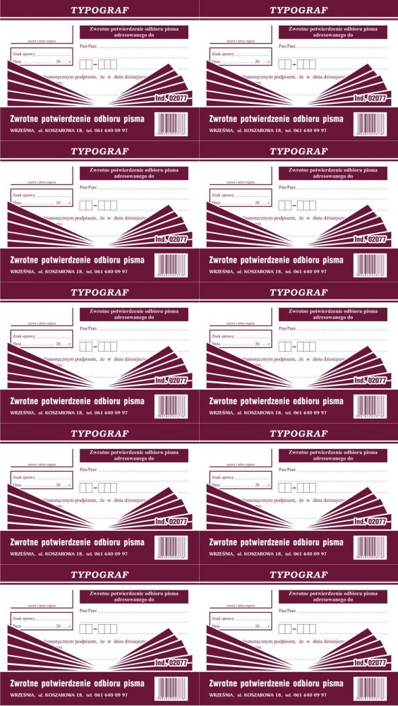 10x Druk akcydensowy Zwrotne potwierdzenie odbioru pisma Typograf, A6, offsetowy, 80k