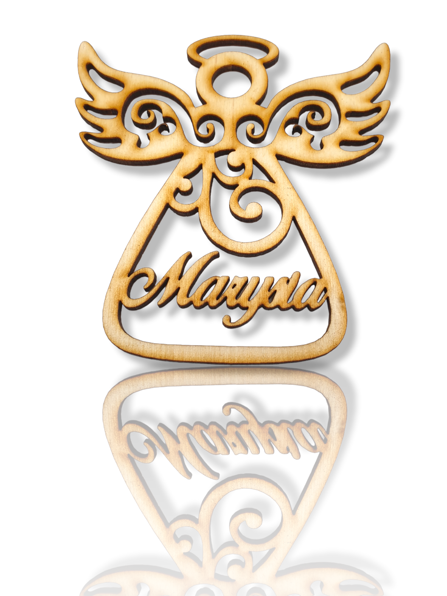 Bombka Imię - aniołek na choinkę, Drewniana zawieszka ażurowa z Logiem Firmowym, ozdoba na Boże Narodzenie prezent