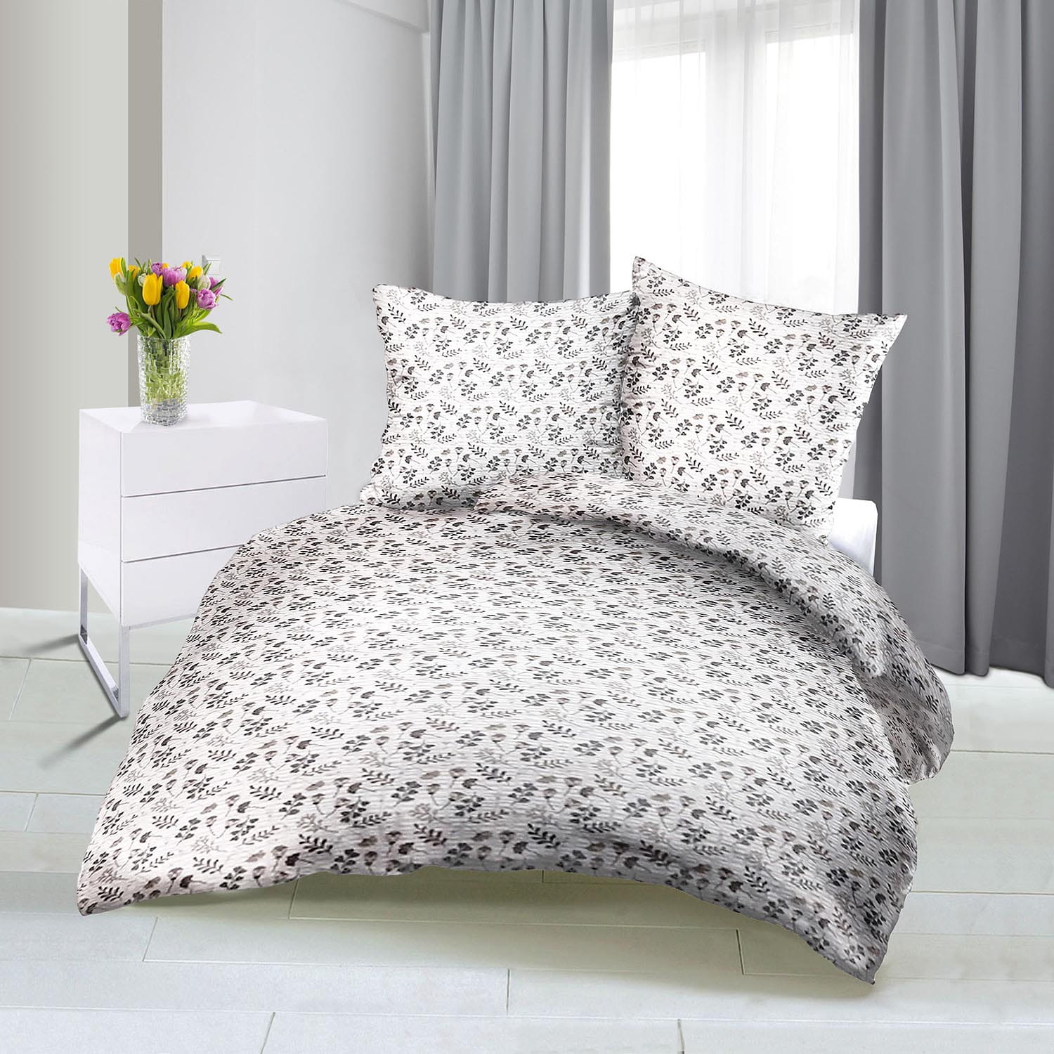 Komplet pościeli 140x200 KORA 100% BAWEŁNA szary wzór roślinny z białe tło