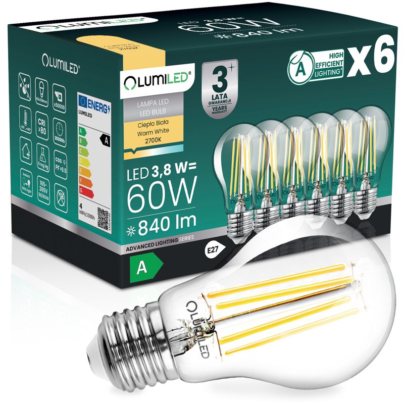 Żarówka LED Lumiled E27 A60 3.8W 840lm 2700K 360st Filament Klasa A 6 szt.