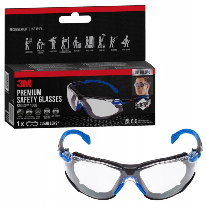 Okulary ochronne 3M Solus 1000 niebiesko-czarne powłoka Scotchgard Protector uszczelka piankowa przezroczyste soczewki 1 szt.