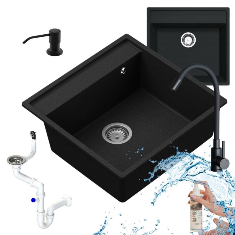 Zestaw zlewozmywak kuchenny GranMaster Magma 1-komorowy bez ociekacza z baterią, dozownikiem płynu i syfonem, czarny metalik 1szt.