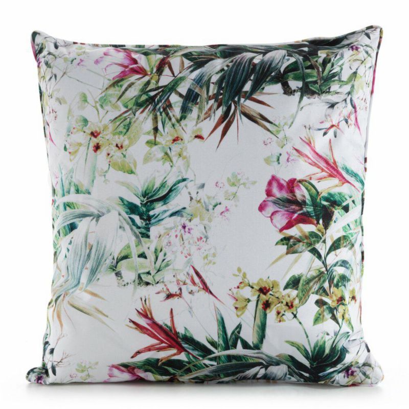 Poszewka ogrodowa GARDEN/31A Eurofirany 45 x 45 cm z tkaniny wodoodpornej biało, zielona na taras i balkon wzór kwiatowy 1 szt.