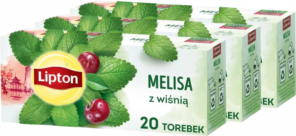 3x herbata ziołowa w torebkach Lipton, melisa z wiśnią, 20 sztuk x 1.2g