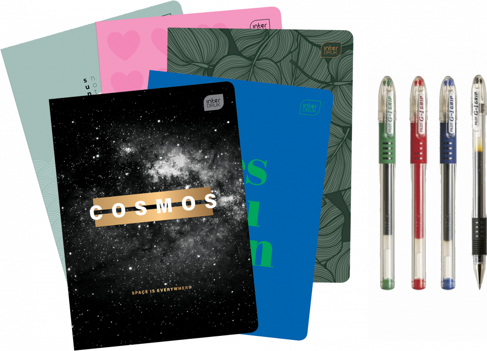 Zestaw 5x zeszyt w kratkę Interdruk, A5, miękka oprawa, 80 kartek, mix wzorów + 4x Pióro żelowe Pilot, G1 Grip, 0.5mm