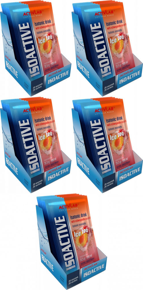 5x Napój izotoniczny Activlab Isoactive, w saszetkach, Ice Tea brzoskwinia, 20 sztuk x 31.50g