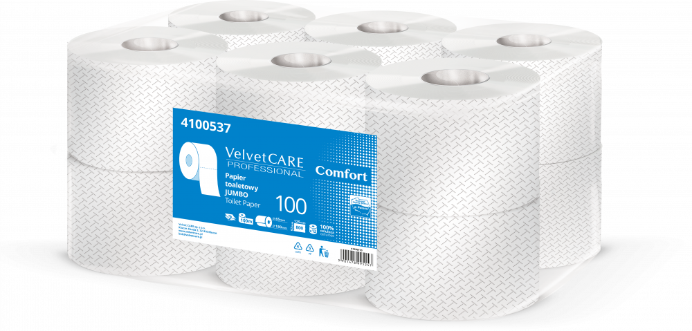 Papier toaletowy VelvetCARE Professional Jumbo 100, 2-warstwowy, 100m, 12 rolek, biały