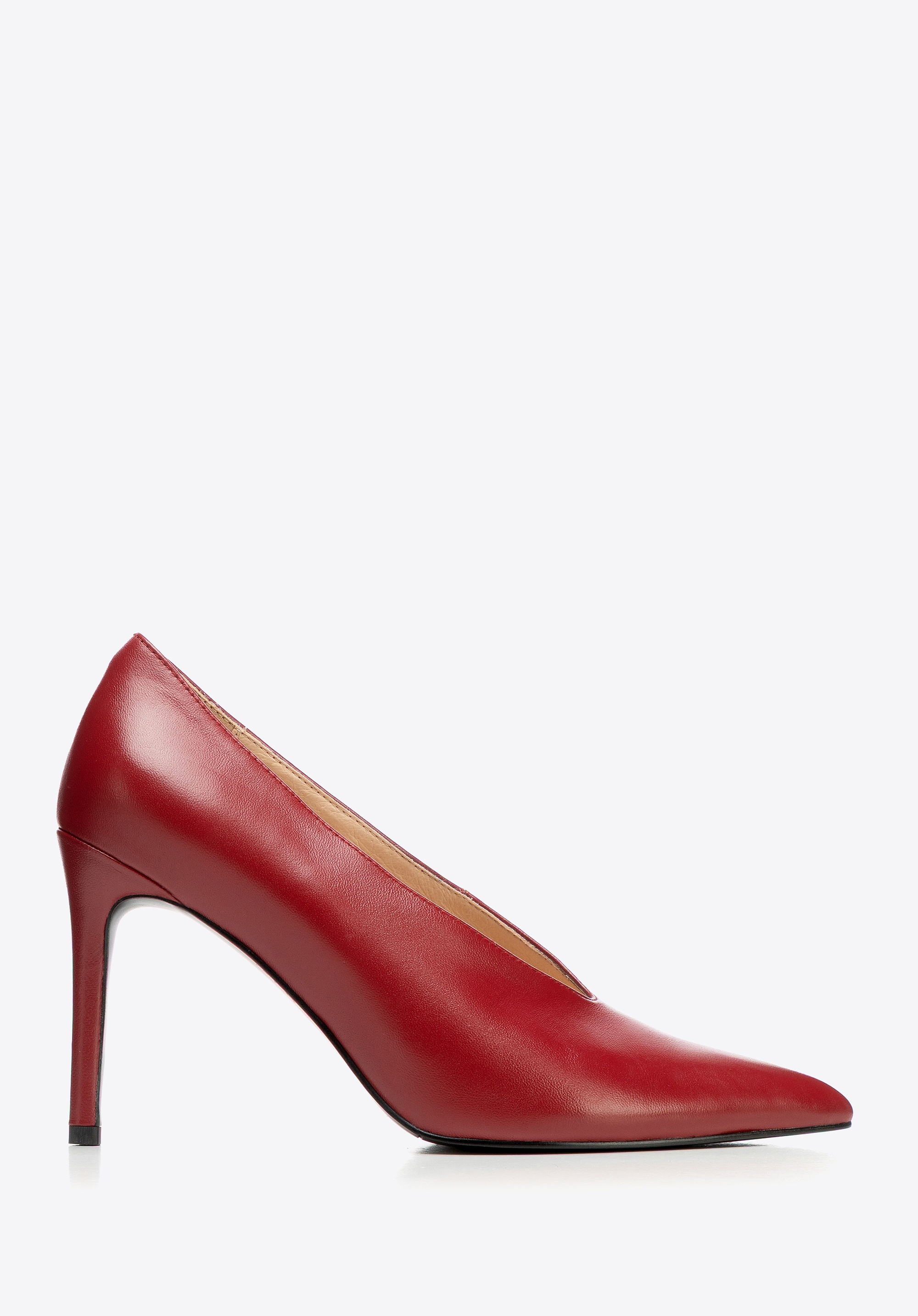 Damskie czółenka ze skóry naturalnej z głębokim wycięciem czerwone