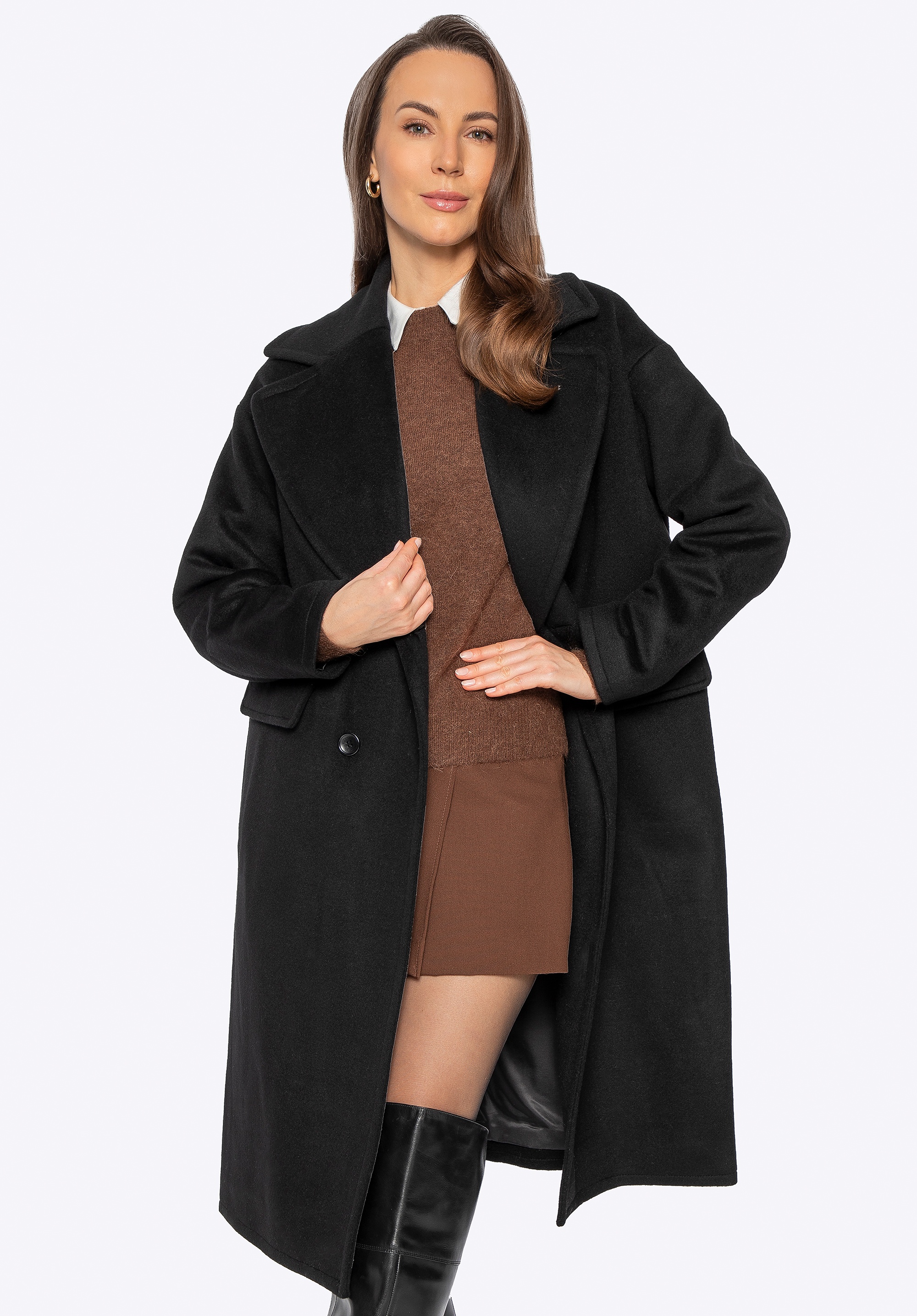 Damski płaszcz dwurzędowy z wełny i domieszką kaszmiru czarny