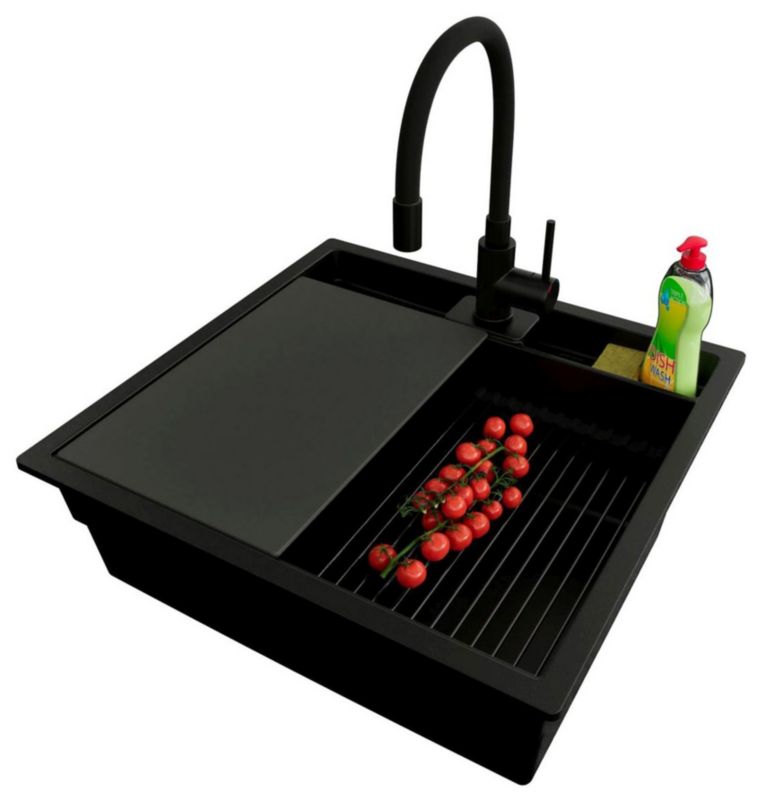 Zlewozmywak podblatowy Bergen Pocket PRIMAGRAN 56x54cm do szafki od 60cm, Cały Czarny + Bateria + Syfon + Akcesoria, , 1 szt.