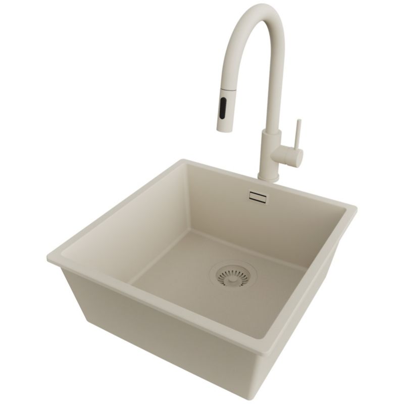 Zlewozmywak podblatowy Londyn PRIMAGRAN 46x47cm do szafki od 50cm, Beżowy + Bateria 40x20cm + Syfon, S232, 1 szt.