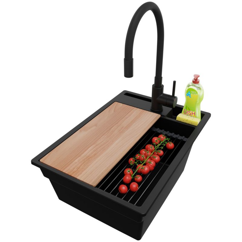 Zlewozmywak Granitowy Oslo Pocket PRIMAGRAN Nablatowy 38x53cm, Cały Czarny + Bateria + Syfon + Akcesorium, S056, 1 szt.