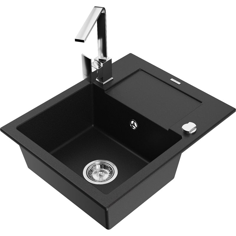 Zlewozmywak granitowy 1-komorowy Mexen Enzo z ociekaczem i baterią kuchenną Rita czarny - 6506-77-670300-50 1 szt.