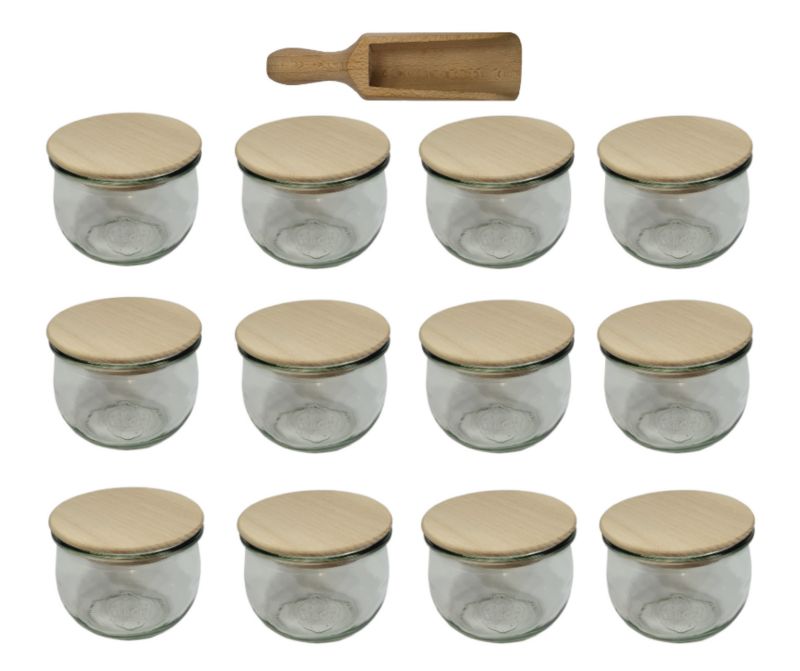 Słoiki MODO24 Weck 370 ml fi 80 tulip drewniane wieka miarka 12 kpl.