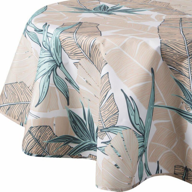 Obrus ogrodowy GARDEN/14E Eurofirany 150 cm okrągły wodoodporny na taras oraz balkon z motywem liści bananowca 1 szt.