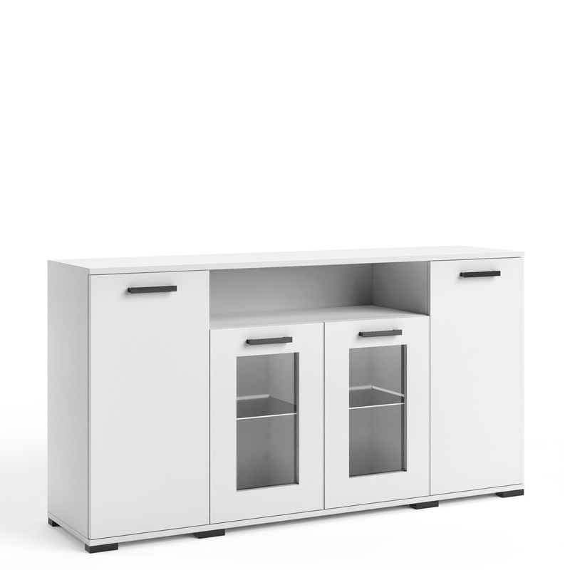 Biała komoda 160 cm z witryną do salonu czterodrzwiowa FIORA