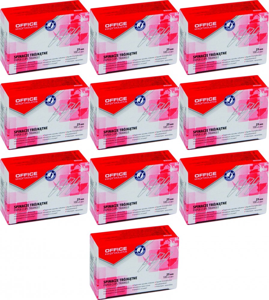 10x Spinacz Office Products, trójkątny, 25mm, 100 sztuk, srebrny