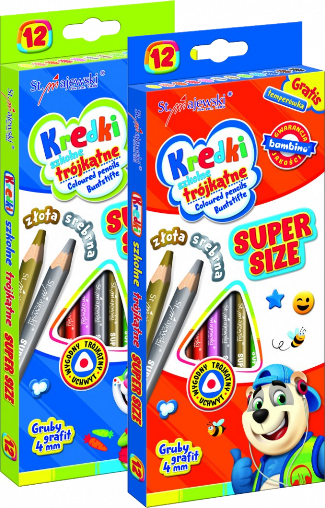 2x Kredki Bambino Super Size Zwierzaki Uczniaki, trójkątne, 12 sztuk + temperówka, mix kolorów