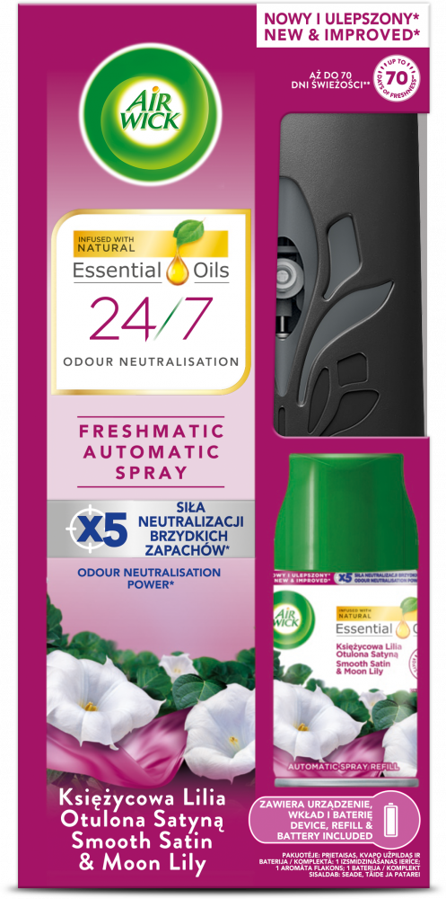 Odświeżacz automatyczny Air Wick Freshmatic, wkład + urządzenie, Księżycowa Lilia Otulona Satyną, 250ml