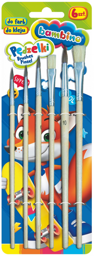 Zestaw pędzli Bambino Zwierzaki Uczniaki, do farb i kleju, 6 sztuk, mix rozmiarów