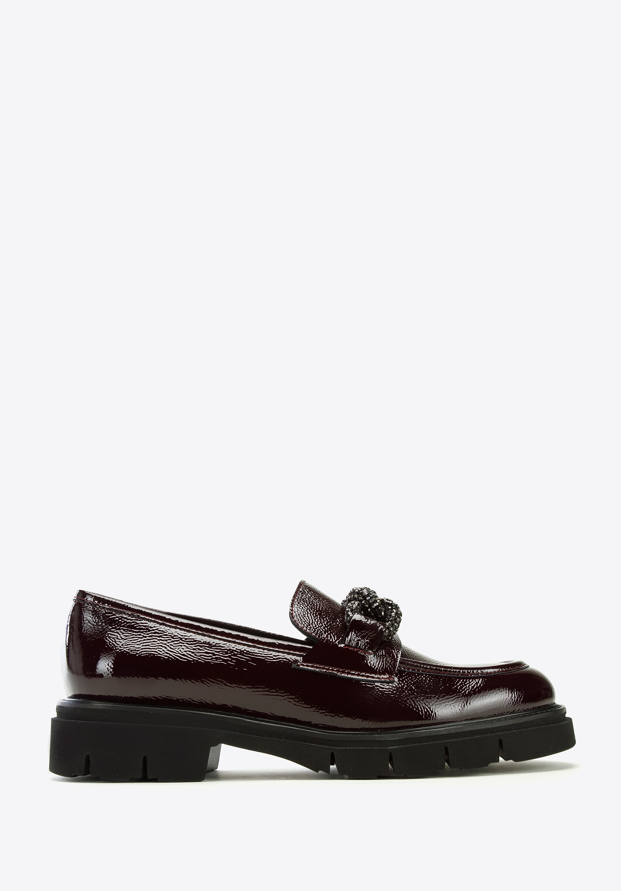 Damskie mokasyny skórzane z łańcuchem z kryształków bordowe