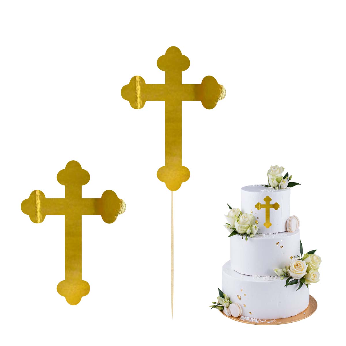 Topper na bok tortu krzyż złoty, dekoracja na Komunię Świętą pik scrapki