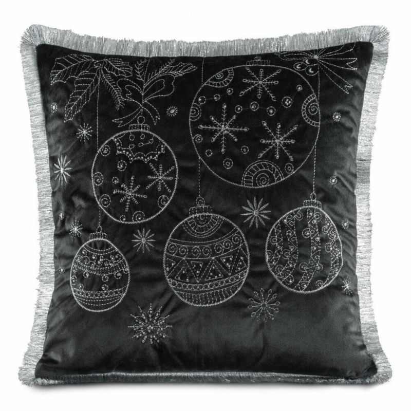 Poszewka 118A Eurofirany Świąteczna na poduszkę 45x45 cm Czarna Bombki Frędzle 1 szt.