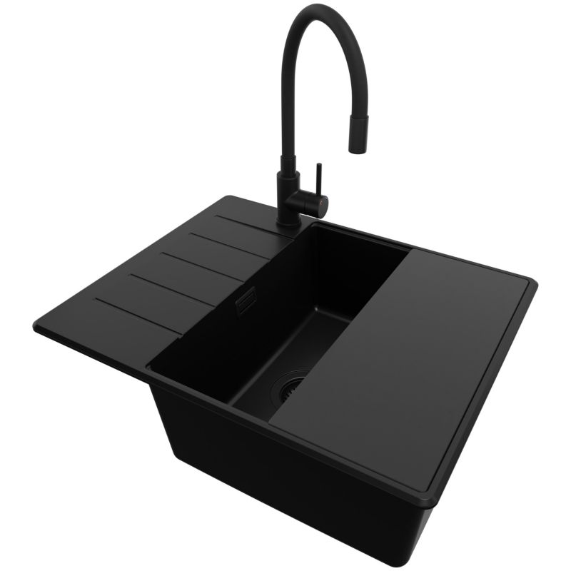 Zlewozmywak Granitowy Kopenhaga PRIMAGRAN Nablatowy 62x50cm, Cały Czarny + Bateria + Syfon + Akcesorium, S470, 1 szt.