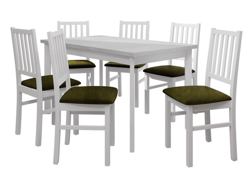 Zestaw DR15 MIRJAN 24 Stół rozkładany Modena I P 80x140/180 + 6 krzeseł Nilo 7 biały + ciemnozielona tapicerka 1 kpl.