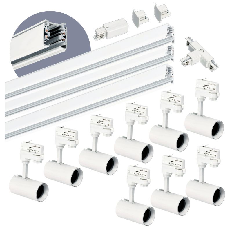 Oświetlenie szynowe 3-fazowy Kobi szyna 1m+1m+1m, 9x Lampa, łącznik T biały 1kpl.