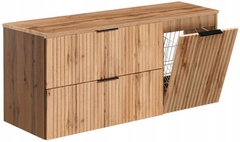 Szafka pod umywalkę Furnidea 120 cm ryflowana z koszem na pranie biały z blatem dąb Wotan Adel 1 szt.
