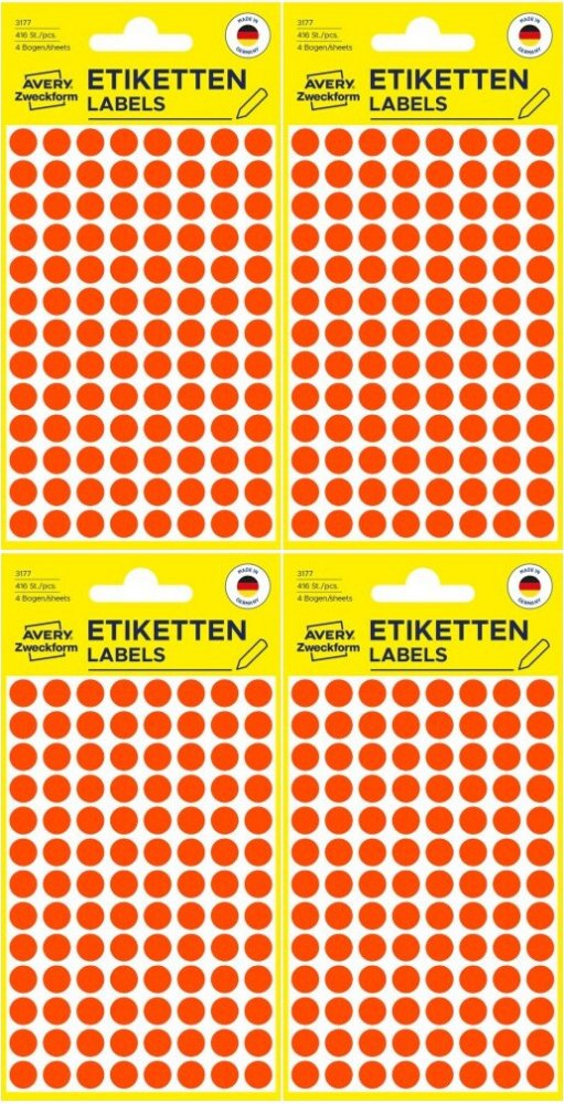4x Etykiety oznaczeniowe Avery Zweckform, okrągłe, średnica 8mm, 416 sztuk, czerwony odblaskowy