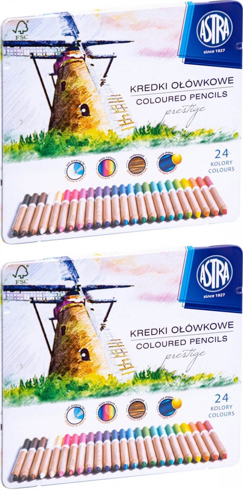 2x Kredki ołówkowe Astra Prestige, z drewna cedrowego, w metalowym pudełku, 24 sztuki, mix kolorów