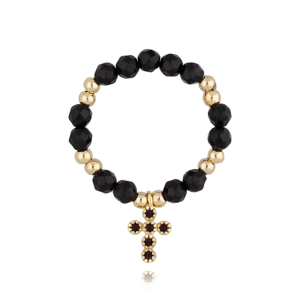 Pierścionek elastyczny z onyksami i krzyżykiem PSC0175 - By Dziubeka