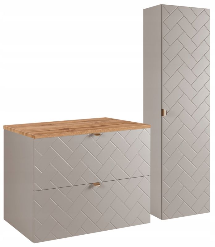 Zestaw mebli łazienkowych Furnidea kaszmir 80 cm szafka pod umywalkę blat dąb wotan słupek ryflowany Trend zestaw