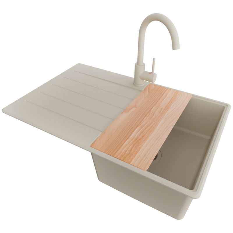 Zlewozmywak Granitowy Kopenhaga PRIMAGRAN Nablatowy 78x50cm do szafki od 45cm, Beżowy + Bateria + Syfon + Deska, S356, 1 szt.