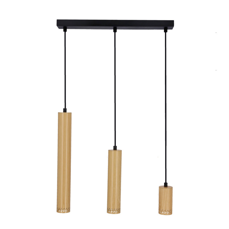 Czarna lampa wisząca 3-punktowa do salonu TUBO drewno-metal