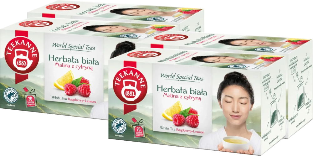4x Herbata biała smakowa w torebkach Teekanne White Tea Rasberry-Lemon, malina z cytryną, 20 sztuk x 1.25g