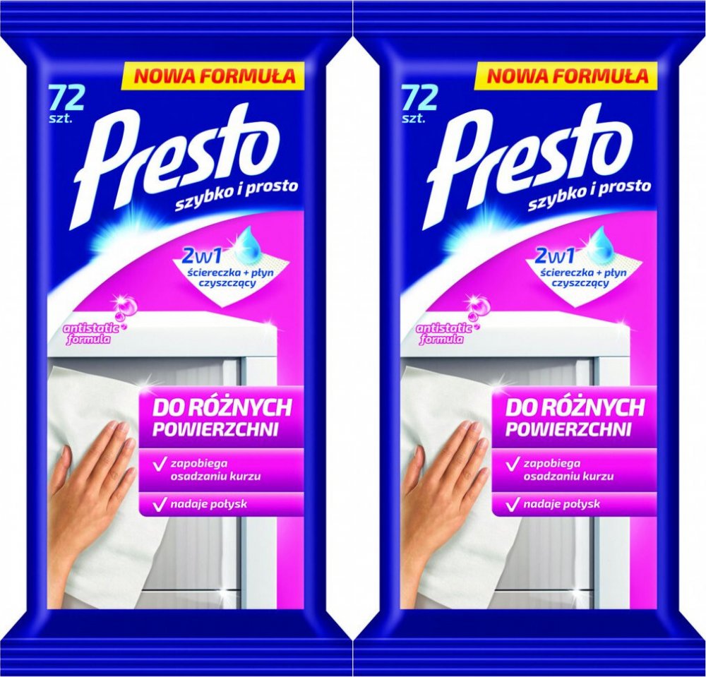 2x Chusteczki do czyszczenia różnych powierzchni Presto Clean, nawilżone, 72 sztuki