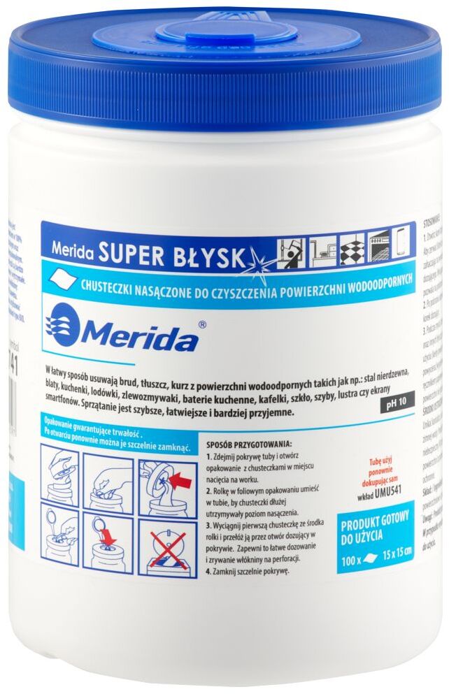 Chusteczki nasączane do czyszczenia powierzchni wodoodpornych Merida UMU741 Super Błysk, Tuba, rolka 15m, 100 listków